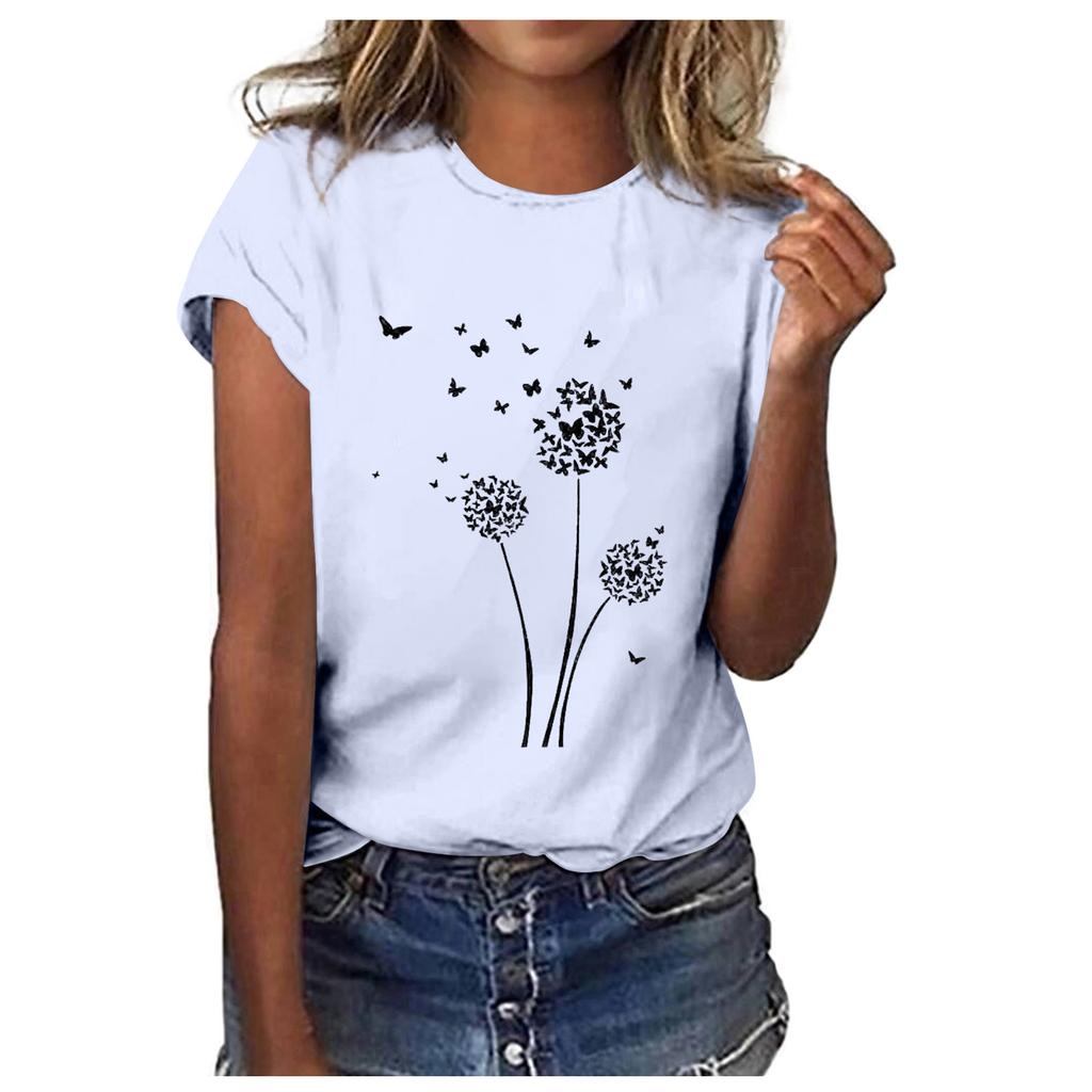 Women Fashion Casual Tops Printed Short Sleeve Shirts Round Neck Pullover T Shirts
