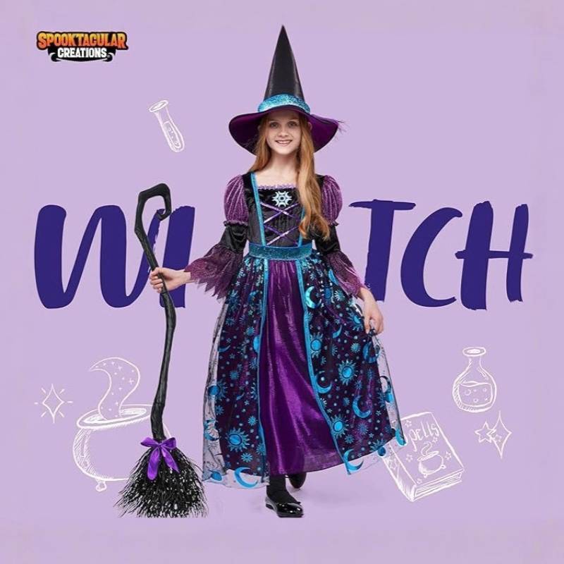 Generic Kids Witch Costume Set With Mesh Fabric For Halloween Dress Up Play