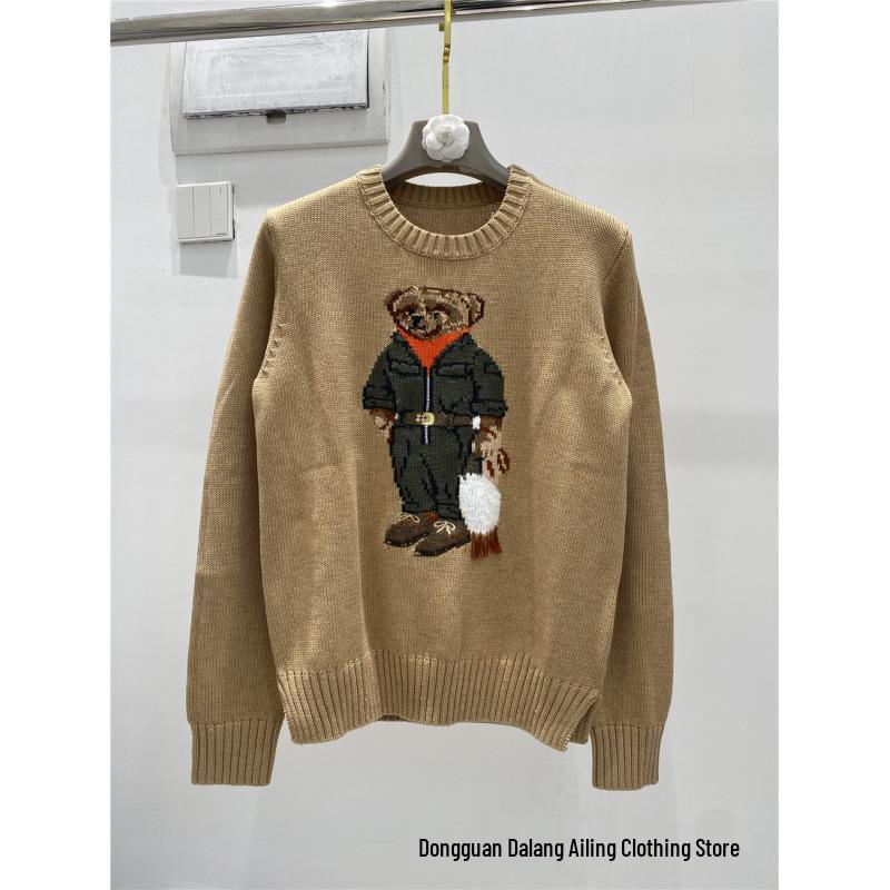 Damen Jacquard Wollmischpullover mit gesticktem Cartoon-Bär-Design