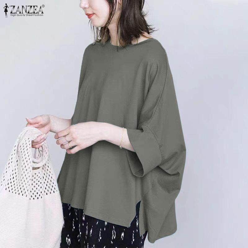 ZANZEA Women Casual Round Neck Loose 3/4 Sleeve Blouse