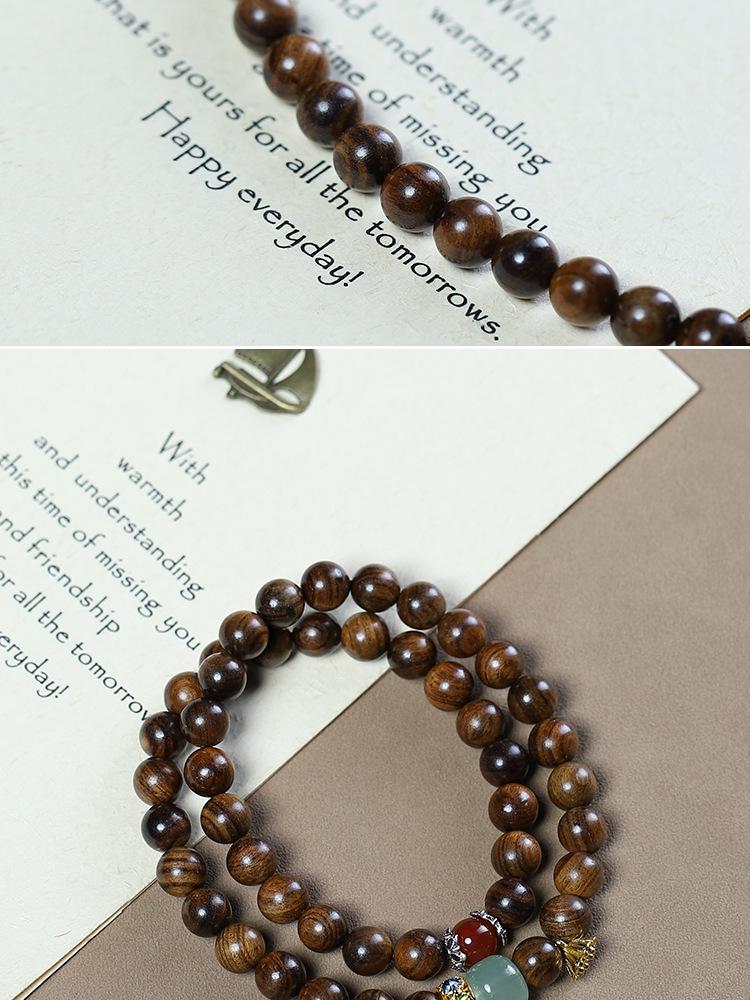 Women's Black Pearwood 8mm Double-Strand Bracelet with Aventurine Lotus Seed Pod Pendant - Retro Buddhist Beads Jewelry for Couples.