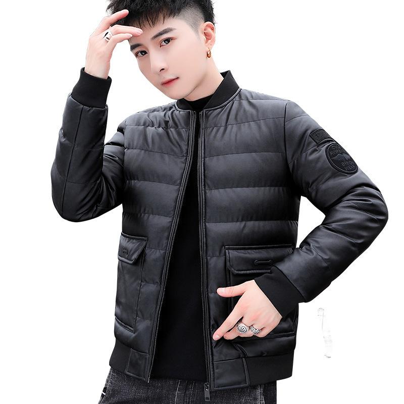 Men's cotton jacket, trendy winter wear, thickened stand-collar short PU leather cotton jacket, stylish casual leather jacket for men