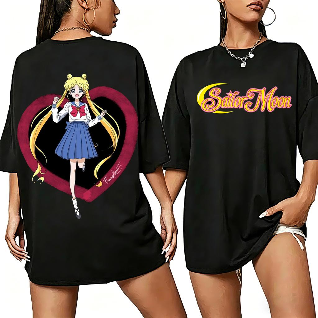 2026new American Retro Cotton Shortsleeved Tshirt With Sailor Moon Print Suitable For Both Unisex And Unisex Casual Street Style