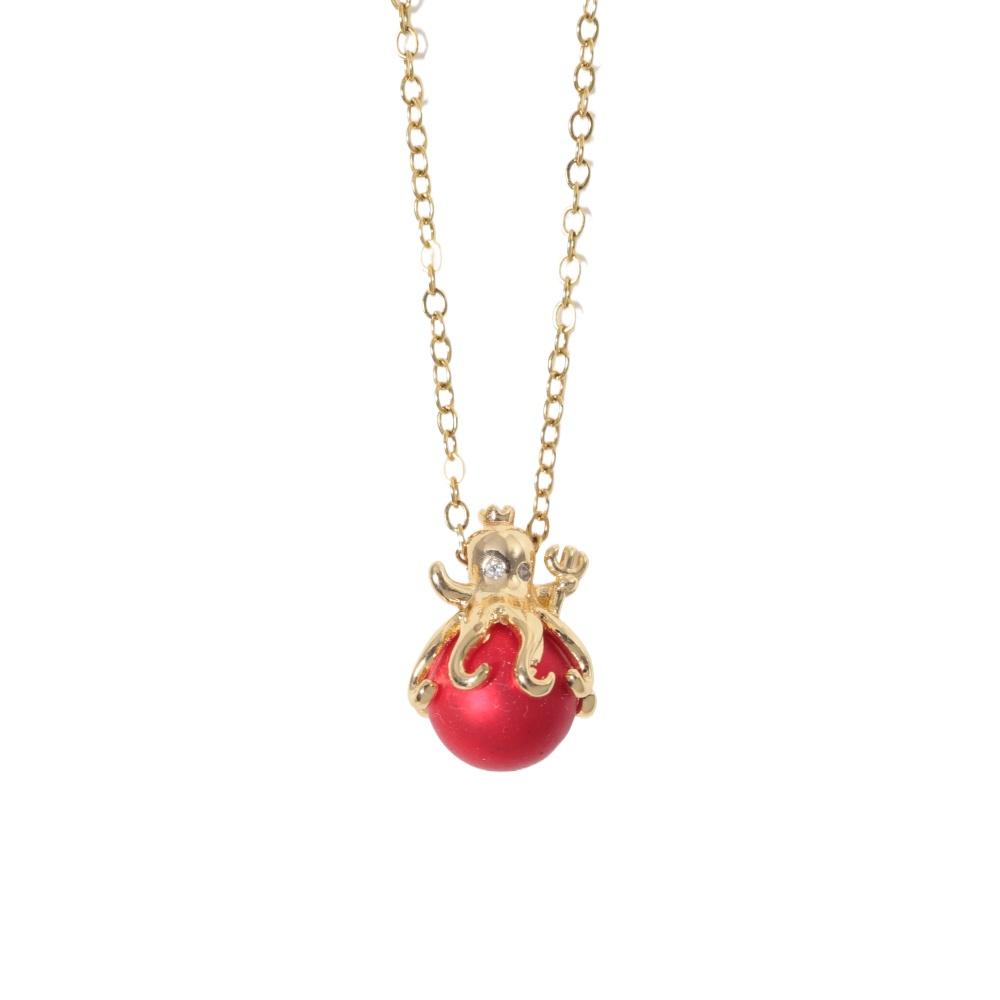 Trendy Octopus Red Bead Choker, Golden Tone Adjustable Chain, Fashion Cute Animal Pendant Necklace for Daily Wear