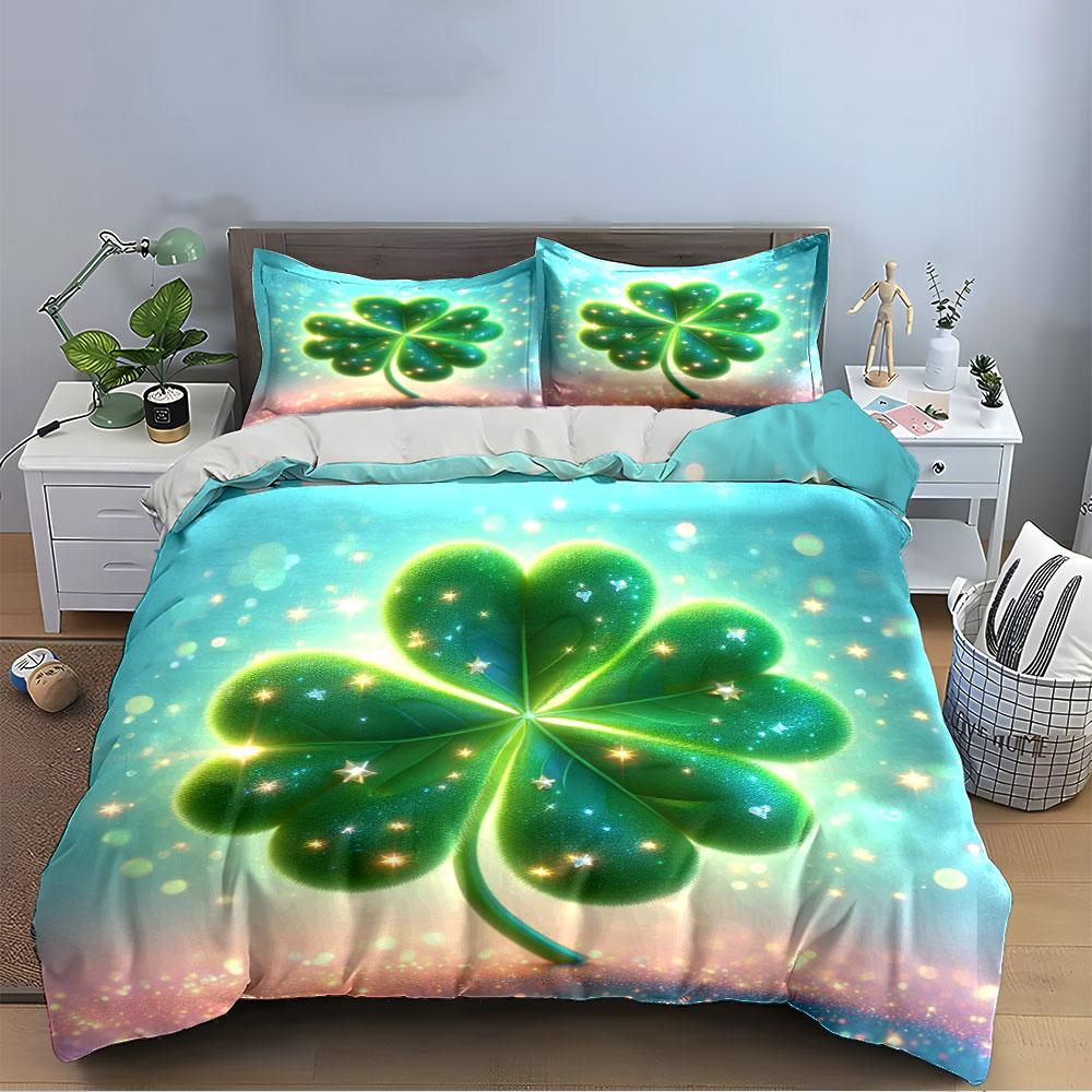 Lucky Four-Leaf Clover Design Bedding Duvet Cover Set (1*Duvet Cover 2*Pillowcases, Without Duvet Insert)