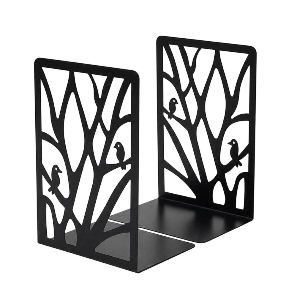 2Pcs Hollow Tree Pattern Metal Bookends T-Shape Book Stopper Desktop Bookshelf Organizer Gift