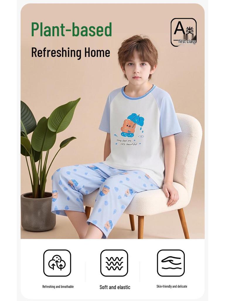 Lanjing Modal Boys' Summer Pajama Set - Lightweight Short Sleeve and Seven-Point Pants for Air-Conditioned Comfort
