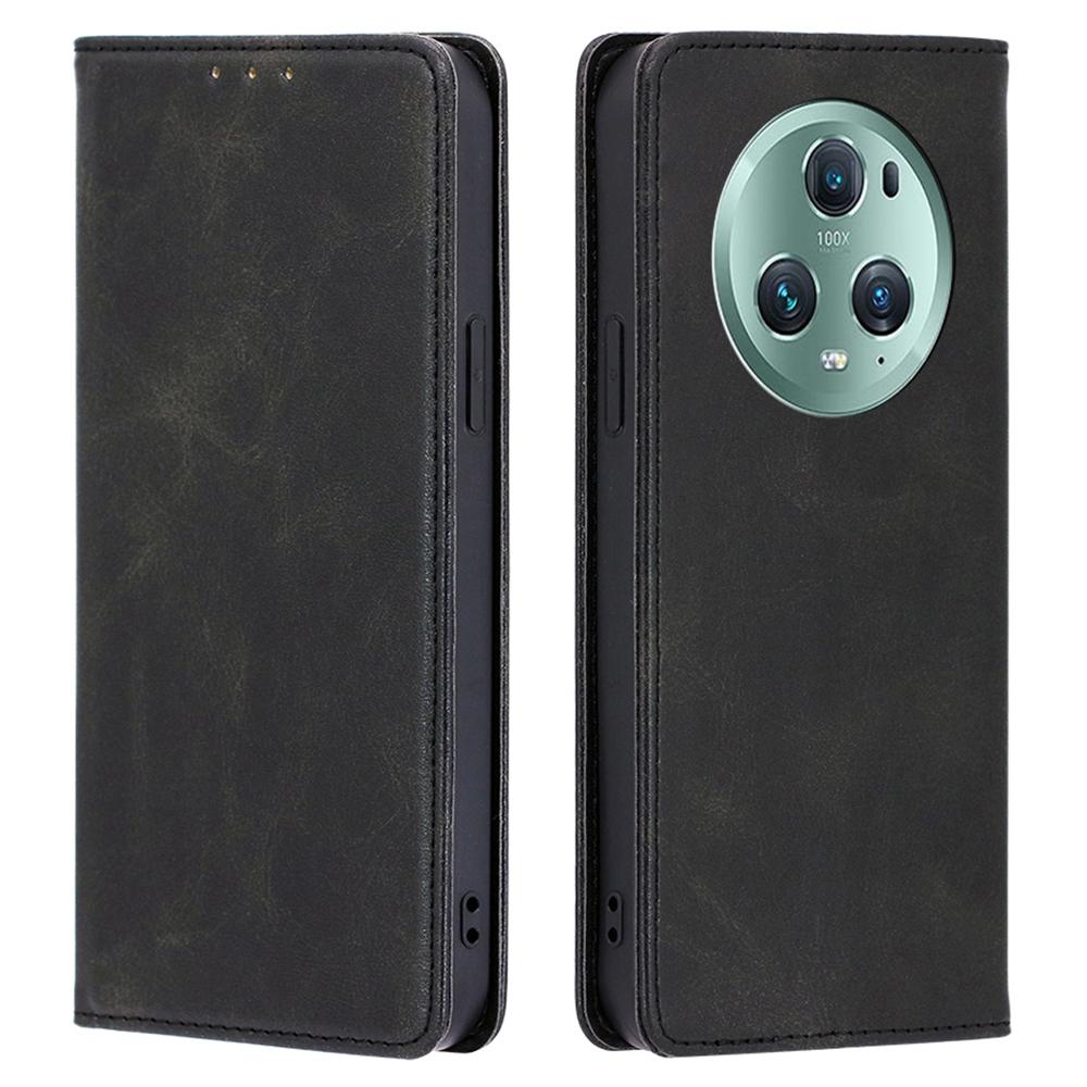 

Phone Case for Honor Magic5 Pro PU Leather+TPU Wallet Stand Calf Texture Magnetic Closing Cover Black