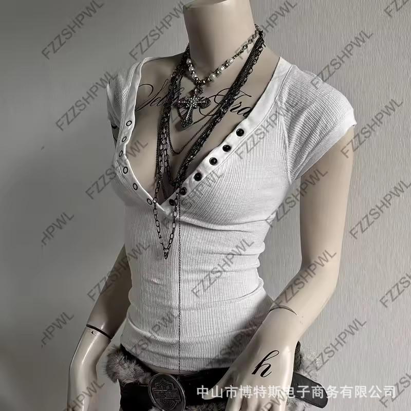 European-American Punk Rivet V-Neck Slim Short-Sleeve Sexy T-Shirt