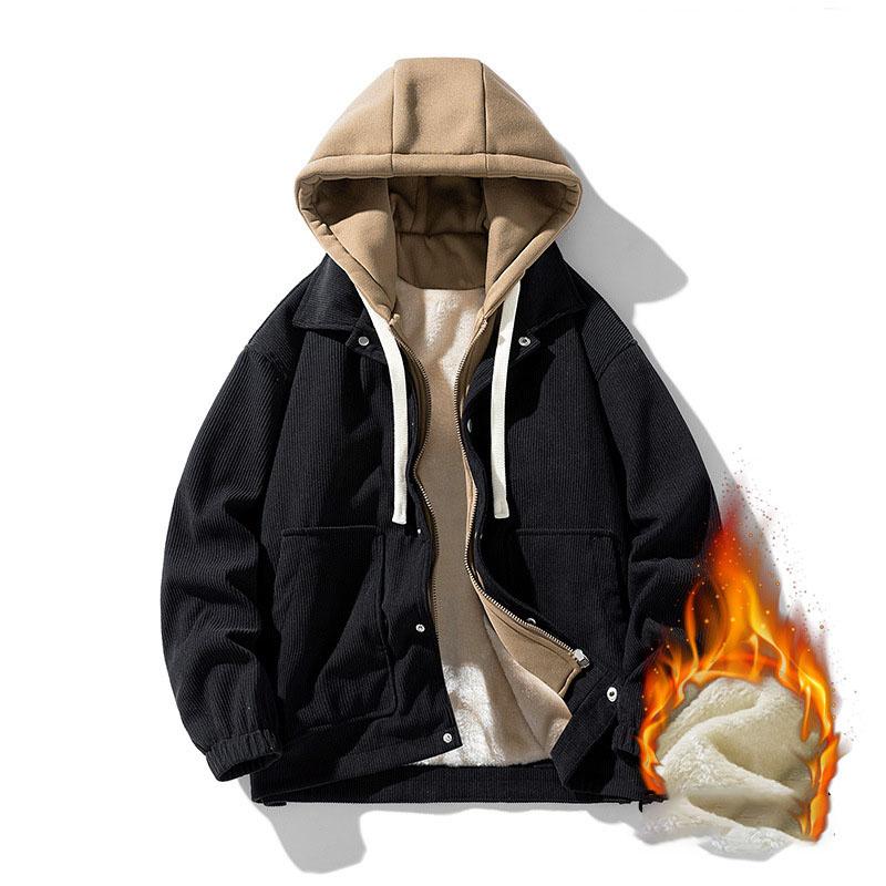Mens Hooded Corduroy Work Coat Male Fashion Causul Fales Two Piece Autumn And Winter Long Sleeved Outwear Outdoor Hiking Jacket Mens