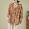 Dames Katoen Linnen Print Blouse Los V-hals Knopen Slank Makend Jonger Zomer Modieuze Top Vintage Mouw Kort Sve