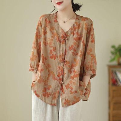 Ladies' Cotton Linen Print Shirt Loose V-ne Button-up Slimming Young-looking Summer Faionable Top Vintage Sleeve Short Sve