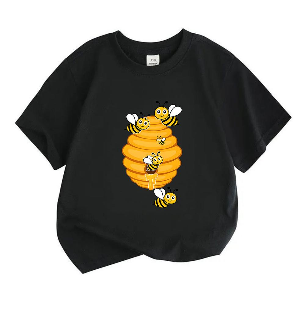 Kids Boys Girls Crew Neck Short Sleeve 100% Cotton T-Shirt, Cute Cartoon Bees Honeycomb Print Casual Soft Breathable Top For Daily Wear Summer Activit