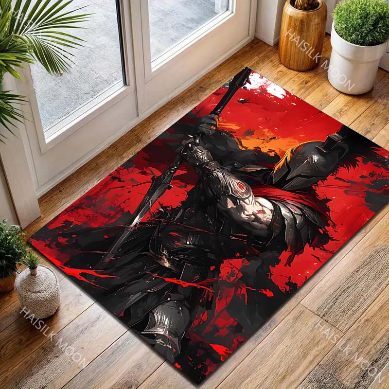 1PC Black-Armored Warrior Blazing Flames Print Carpet for Living Room Bedroom Sofa Home Decor Rus Non-slip Floor Mat Luxury Gift