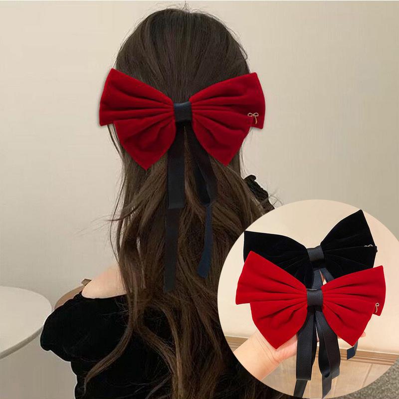 Elegant French Red & Black Velvet Bow Hair Clip: Women's Artistic Temperament Headpiece