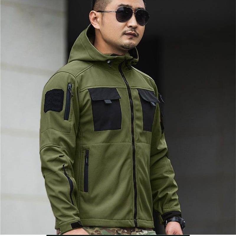 Winter Tactical Jackets Men Military Outdoor Waterproof Hood Plus Velvet Windbreaker WorkWear Soft Shell Multi-pockets Hunting Motorcy Tops