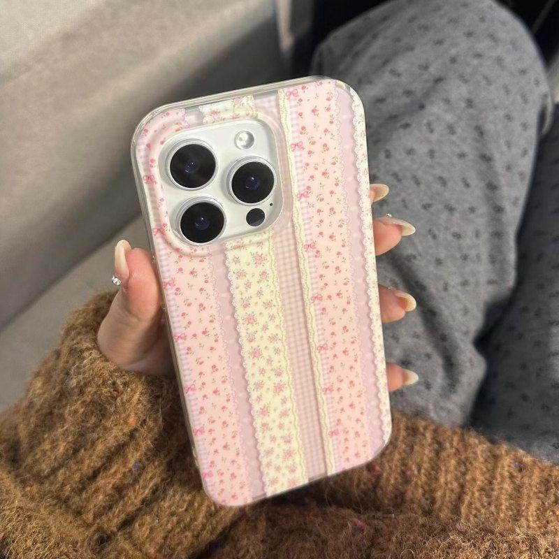 ins striped pink floral iPhone17promax mobile phone case for Apple 16promax white background imd15