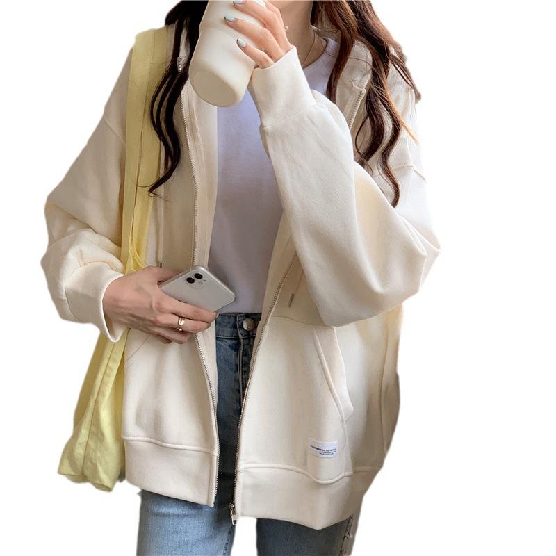 Spring and Autumn Loose Zipper Long-sleeved Cardigan Jacket Women Solid Color Hooded Sweater Students Cardigan Small Jacket
