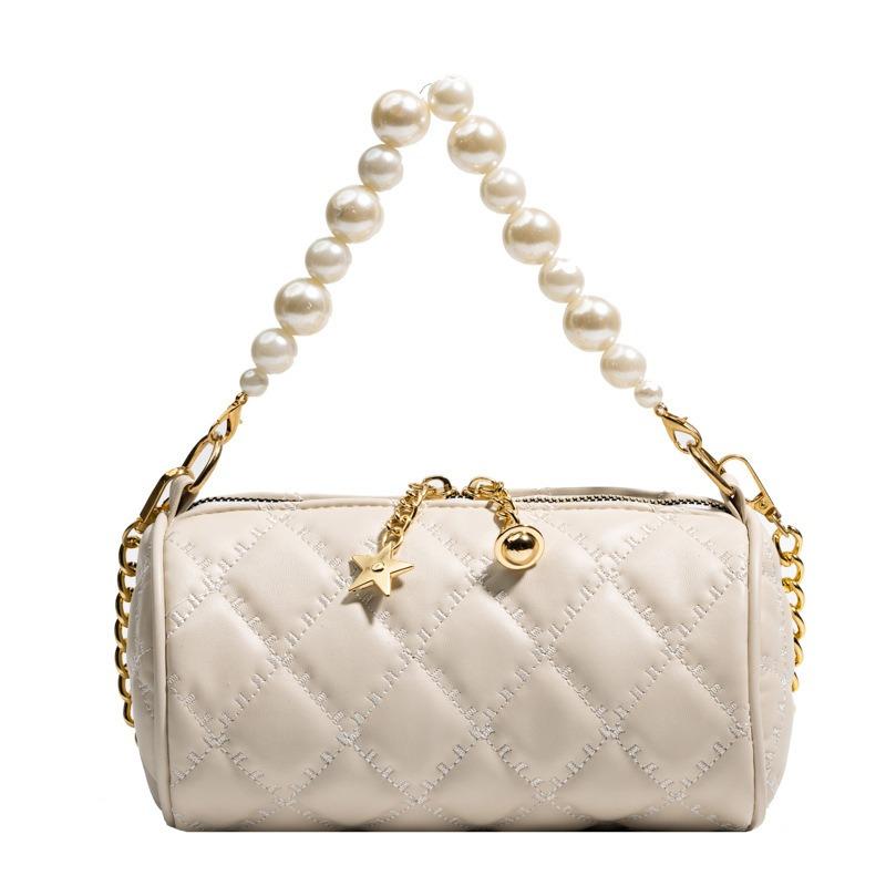 

Оригинальный дизайн нишевой вышитой нитью наплечной сумки, портативная кожаная сумка-ромб с бахромой и бисером, сумка-цилиндр 19X11X11cm слоновая кость