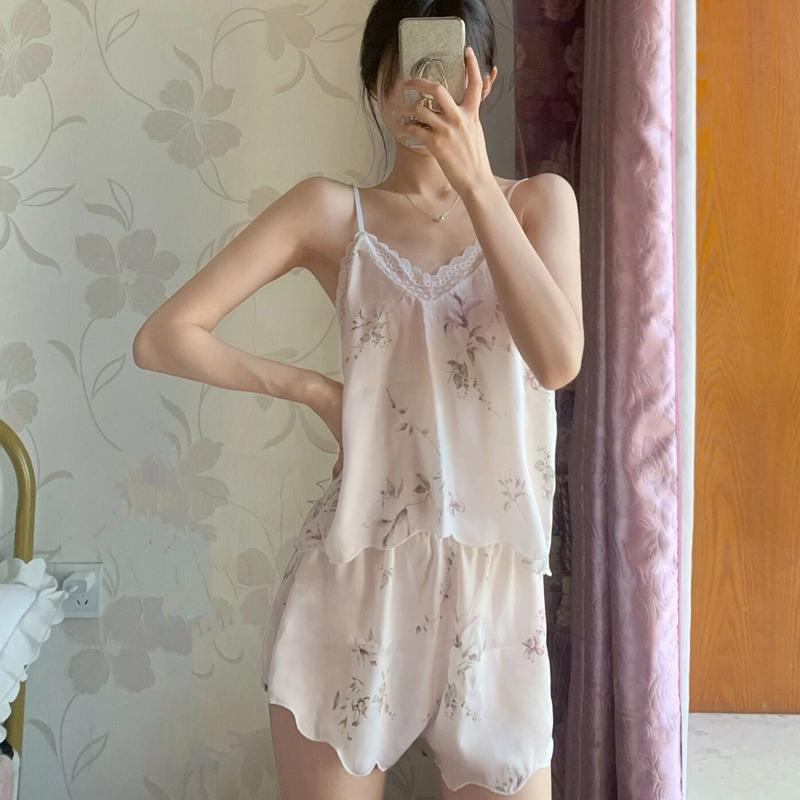 Sommer Rosa Blumen bedruckter Pyjama Set für Damen Homewear Sexy Spitze Spleißung Sling Tops und Shorts 2-teiliger Anzug Kurze Nachtwäsche