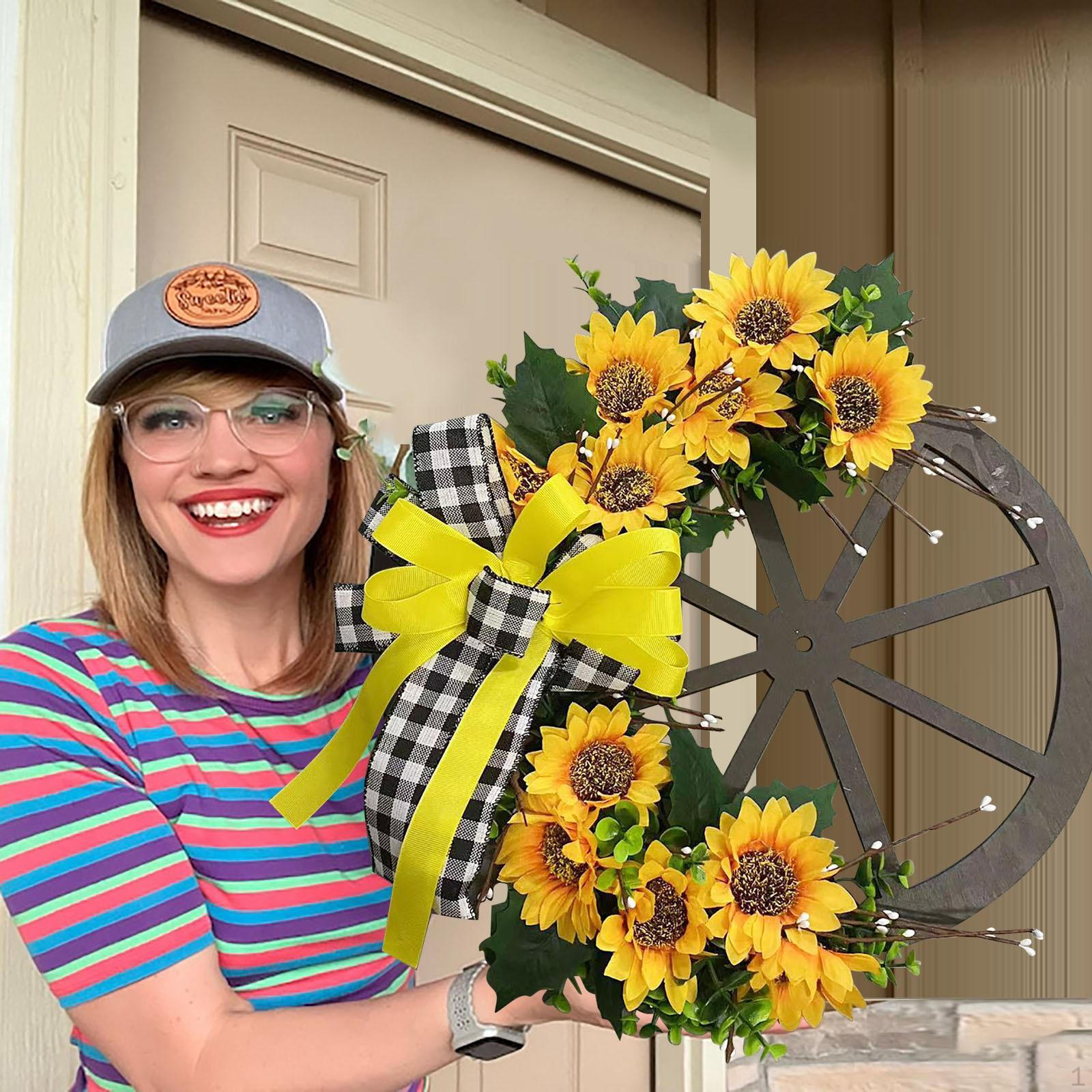 

Sunflower Wreaths Front Door Spring Summer 40cm with Bow Knot Wall Art Wood Gears Artificial Flowers