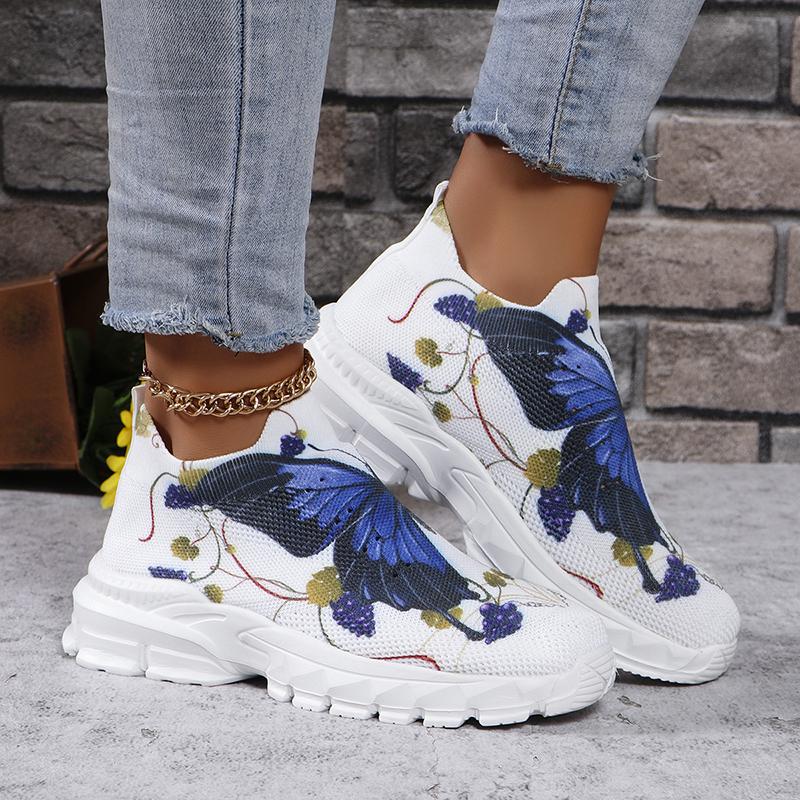 Fashion Letters Floral Print Platform Sneakers for Women Fashion Knitting Casual Sports Shoes Woman Non Slip Breathable Running Shoes