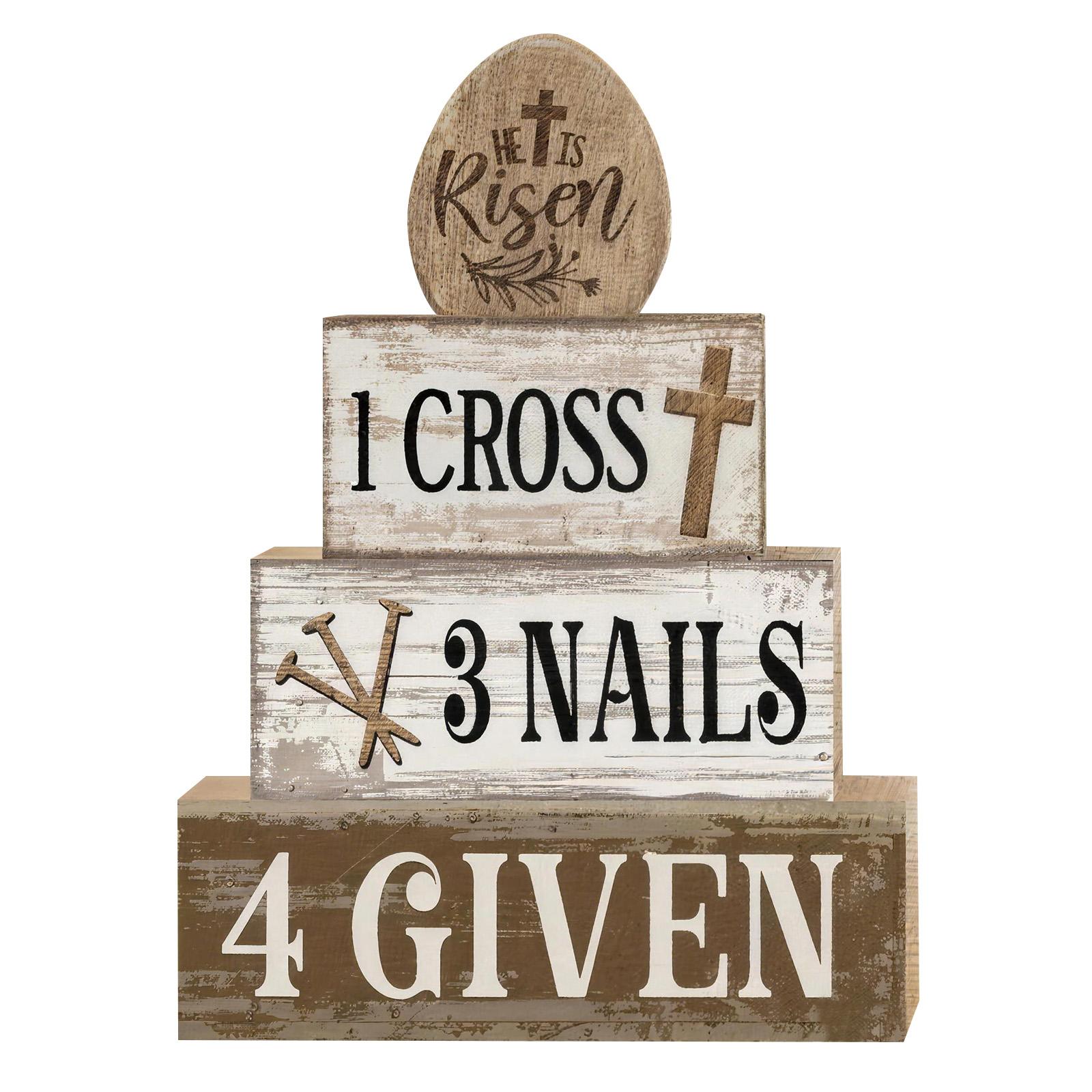 

Easter Religious Theme Wooden Stacked Ornaments: He Is Risen Vintage Distressed Decorative (1 Cross, 3 Nails, 4 Givens ), Text Tabletop, Holiday One Size