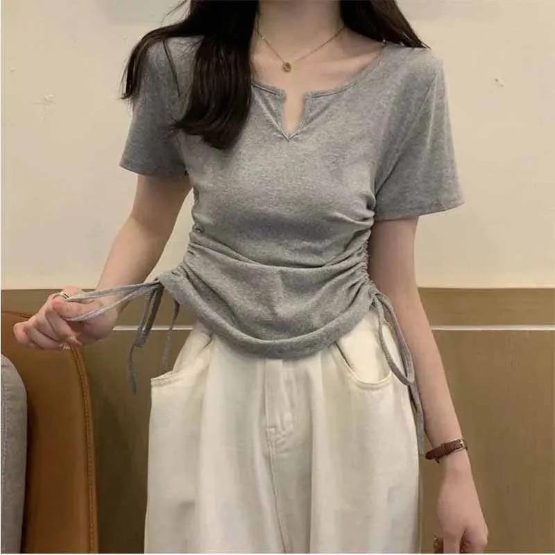 Damen T-Shirt mit V-Ausschnitt, seitlichem Tunnelzug, Cropped und Kurzarm