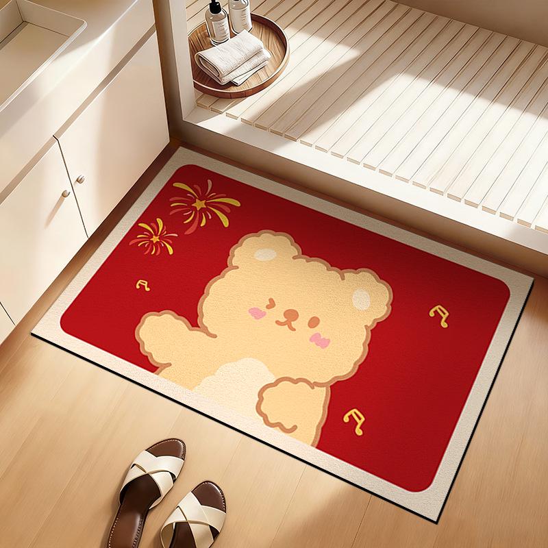 New Year Anti-Slip Red Bathroom Floor Mat - Quick-Drying, High Water Absorption