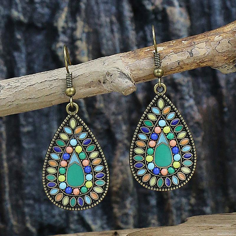 Ethnic Boho Colorful Enamel Earrings For Women Bomemian Retro Hollow Flower Round Geometric Vintage Drop Dangle Earrings Jewelry