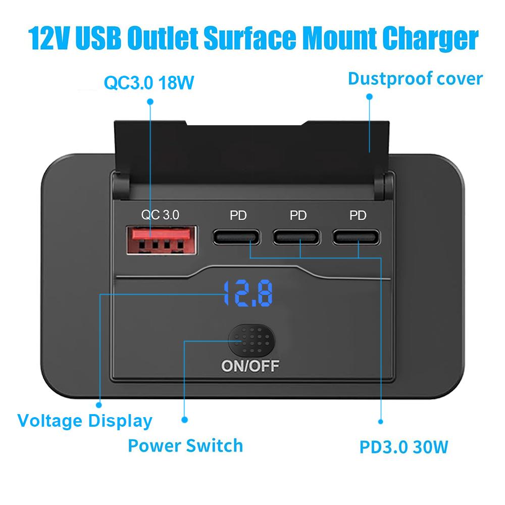 108W 4 Ports 12V RV USB Outlet 90W PD and QC 3.0 18W Port Car Charger Socket Accessories with Switch voltage for Car Bus RV