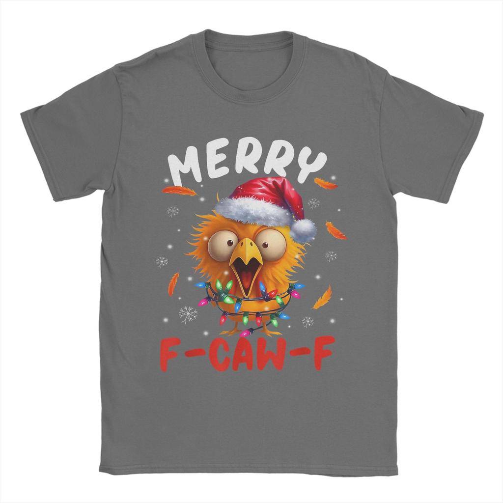 Merry F-Caw-F Christmas Chicken Xmas T-Shirts for Men Cool 100% Cotton Tee Shirt Round Neck Short Sleeve T Shirts
