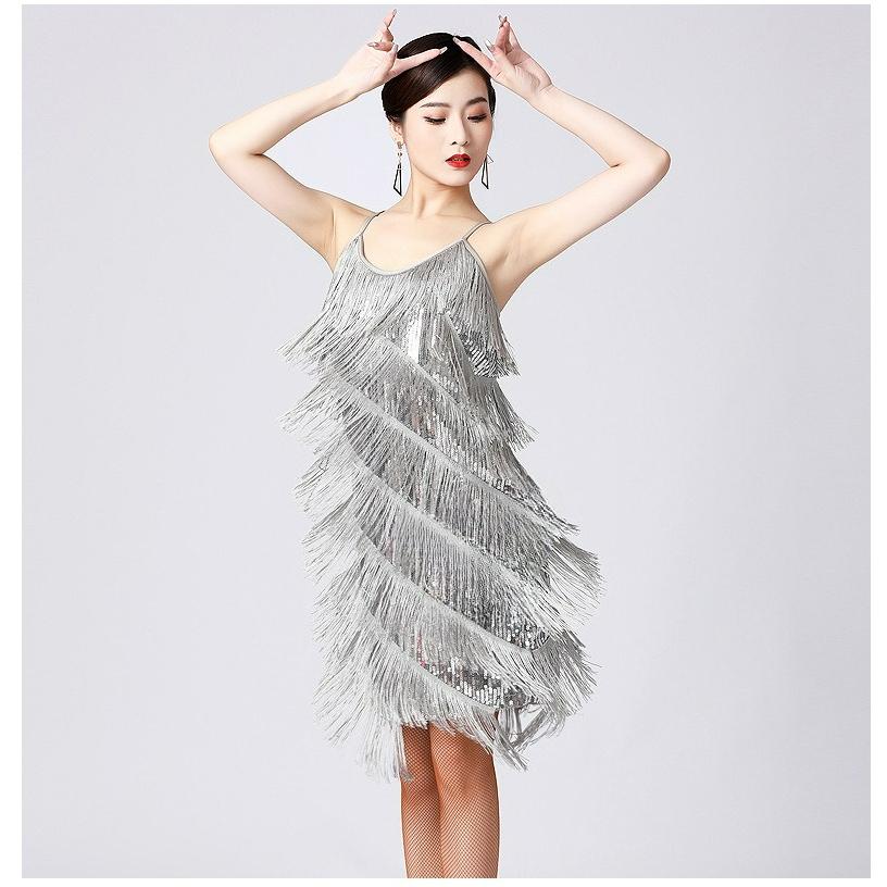 Latin Dance Sequined Tassel Skirt Latin Dance Skirt V-neck Party Dance Dance Skirt Performance Costume Stage