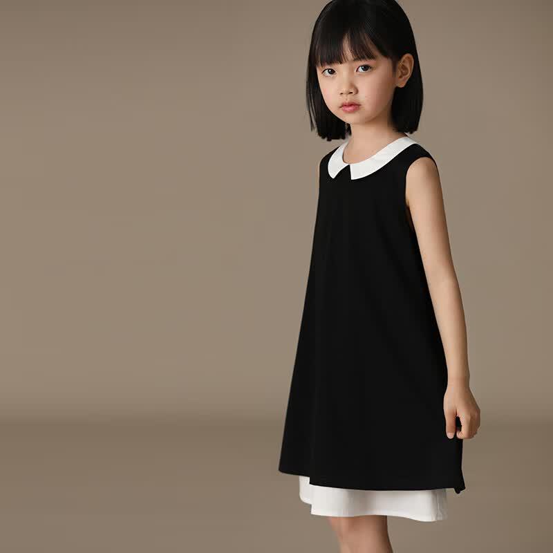 Hacikis Kids' Sleeveless Little Black Dress with Color-Block Lapel