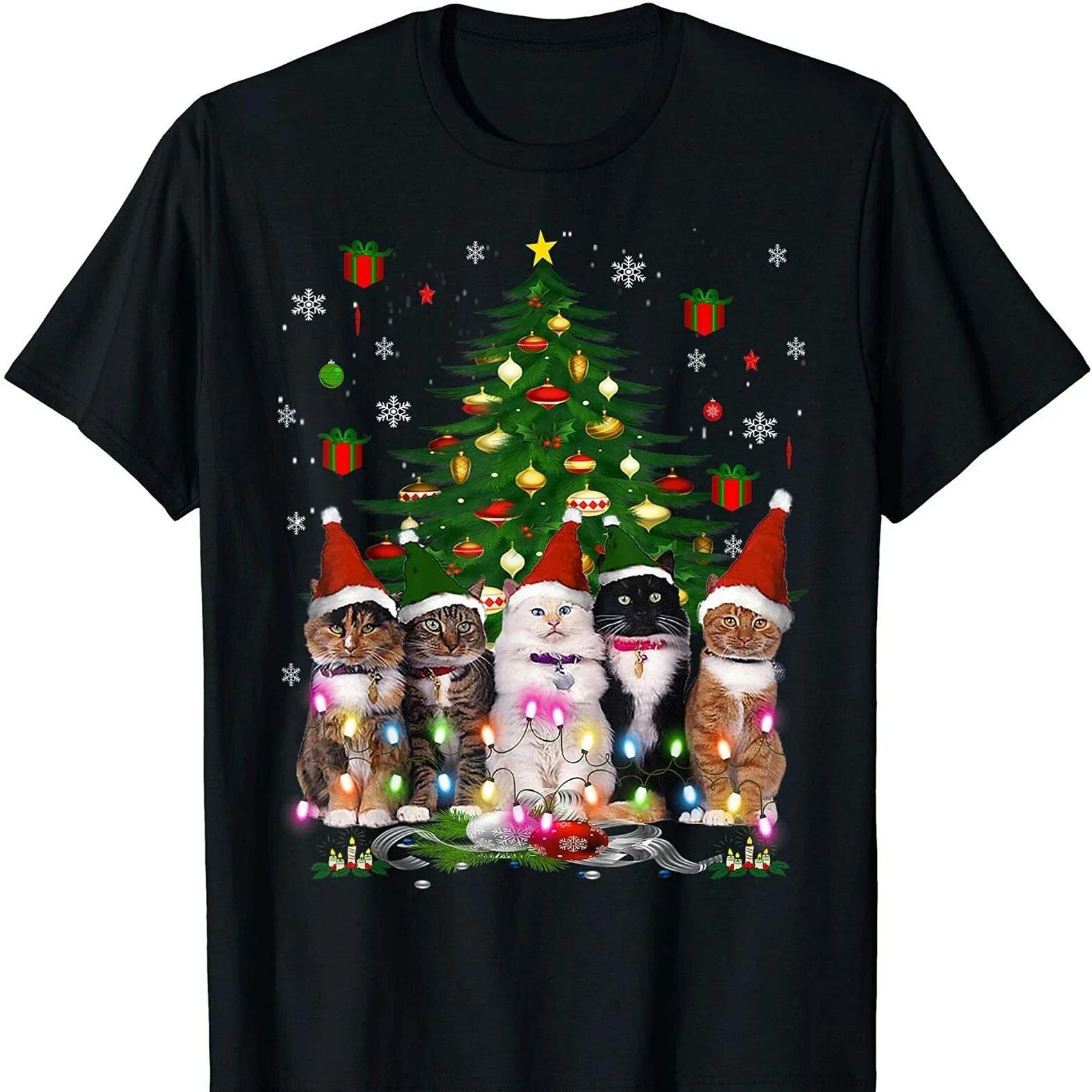 Funny Meowy Cat Christmas Tree Pet Cat Lovers Xmas Gift TShirt 100 Cotton ONeck Short Sleeve Casual Mens Tshirt Streetwear S