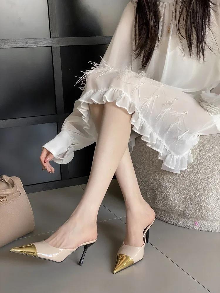 Sexy Pointed Toe Thin High Heels Women Slippers Leopard Print Designer Elegant Party Splicing Shallow Mouth Women Mule Shoes