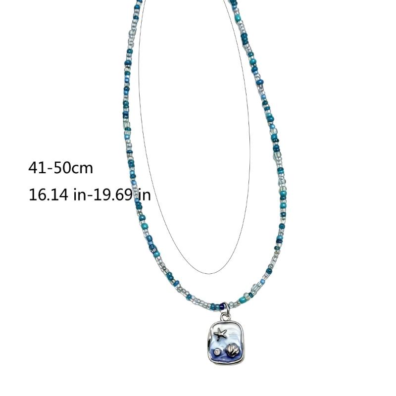 Unique Beach Style Beaded Necklace Blue Shell Pendant Detail Clavicle Chain Adjustable Length Neckchain