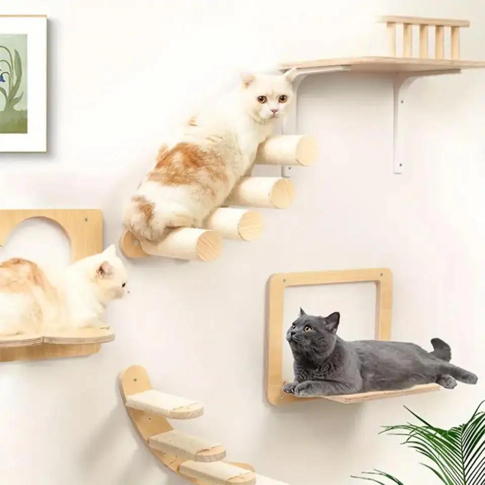 Cat Tree Pet Climbing Frame Wall Mounted Cat Nest Sisal Cat Scratching Post Clouds Jumping Platform Eco-friendly Wooden