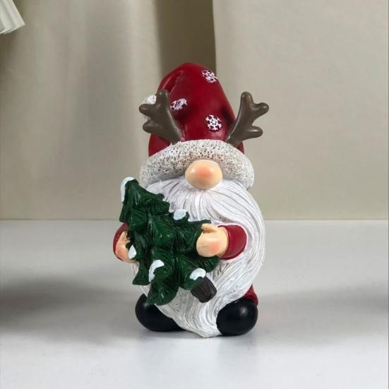 Small Statue for Living Room Christmas Gnome Figurine, Resin Red Santa Dwarf with Tree/Gift Box, Cute Faceless Antlers Tomte Swedish Nordic