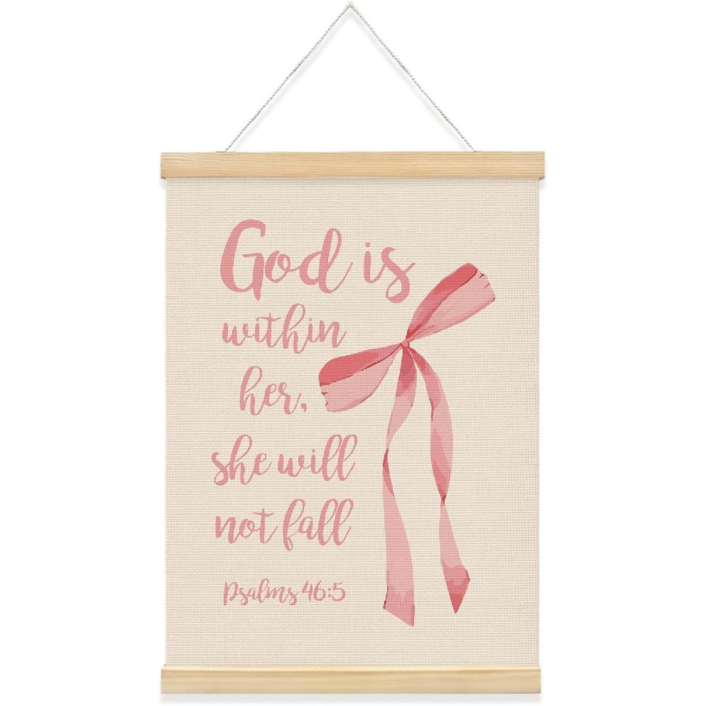 QROZIAR Christian Bible Verse Wall Decor Canvas Posters, God Is Within Her Wall Decor with Wooden Frames, Christian Gifts for Women, Coquette Pink