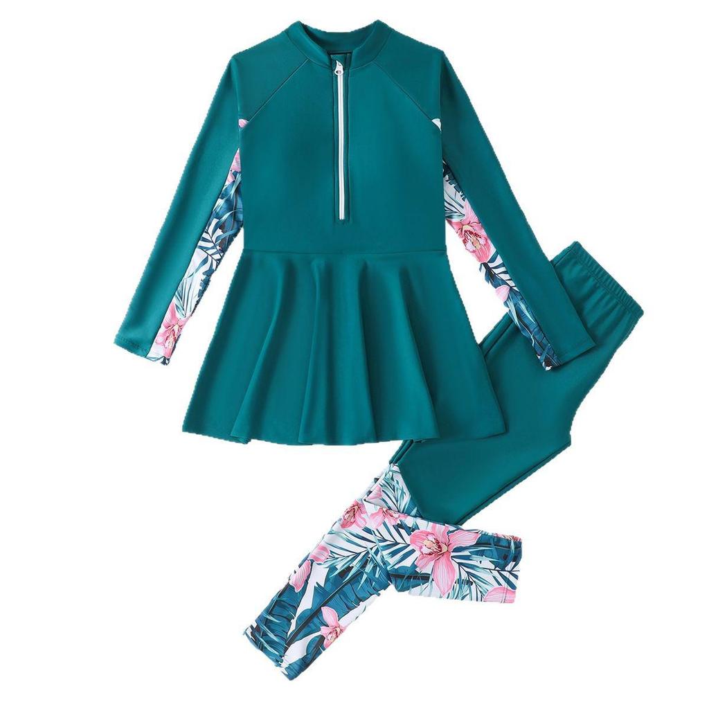 2025 New Long-Sleeve Two-Piece Swimsuit for Girls - Conservative Style, Medium & Large Sizes.