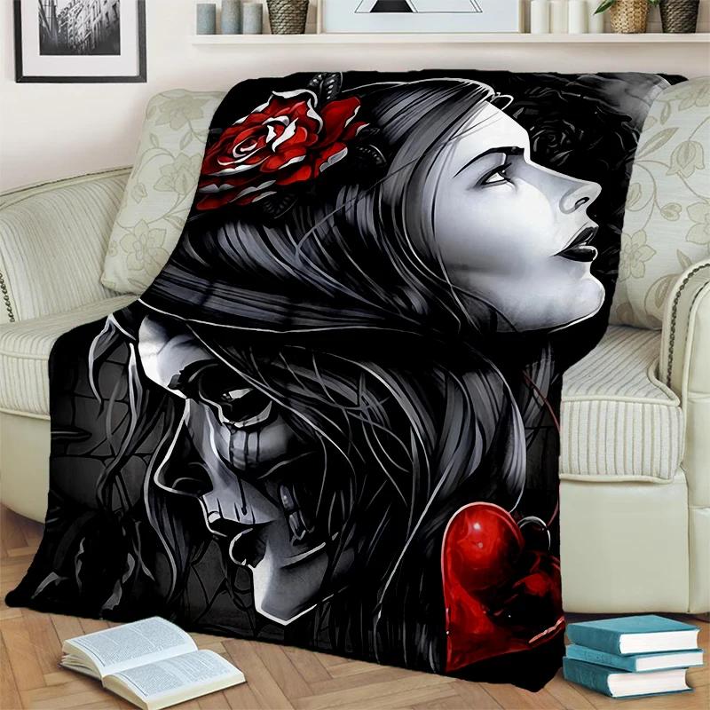 Gotisch Schedel Gezicht Roos Vrouw Verschrikkelijke Cartoon Deken, Zachte Plaid Deken voor Huis Slaapkamer Bed Bank Reis Picknick Cover Kinder Cadeau