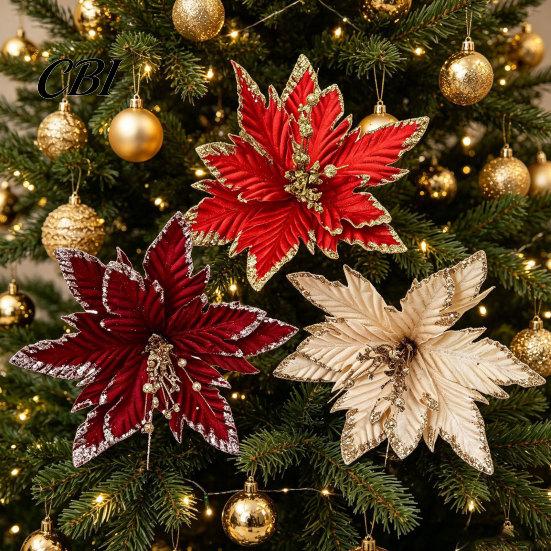 Velvet Poinsettia Decorations Artificial Flowers, Handmade Bead Cluster Christmas with Gold Glitter Fabric Decorative Flower Picks Petals, Reusable
