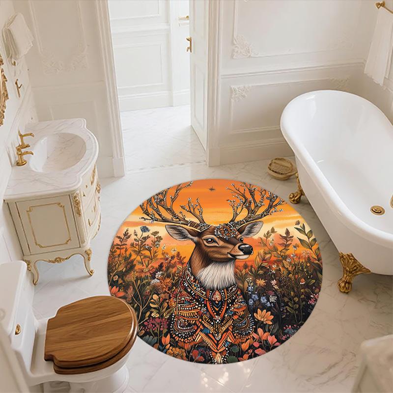 Vintage Sunset Deer Head,Round Area Rug,Carpet Rug for Living Room Bedroom Sofa Playroom Decor,Non-slip Floor Mat