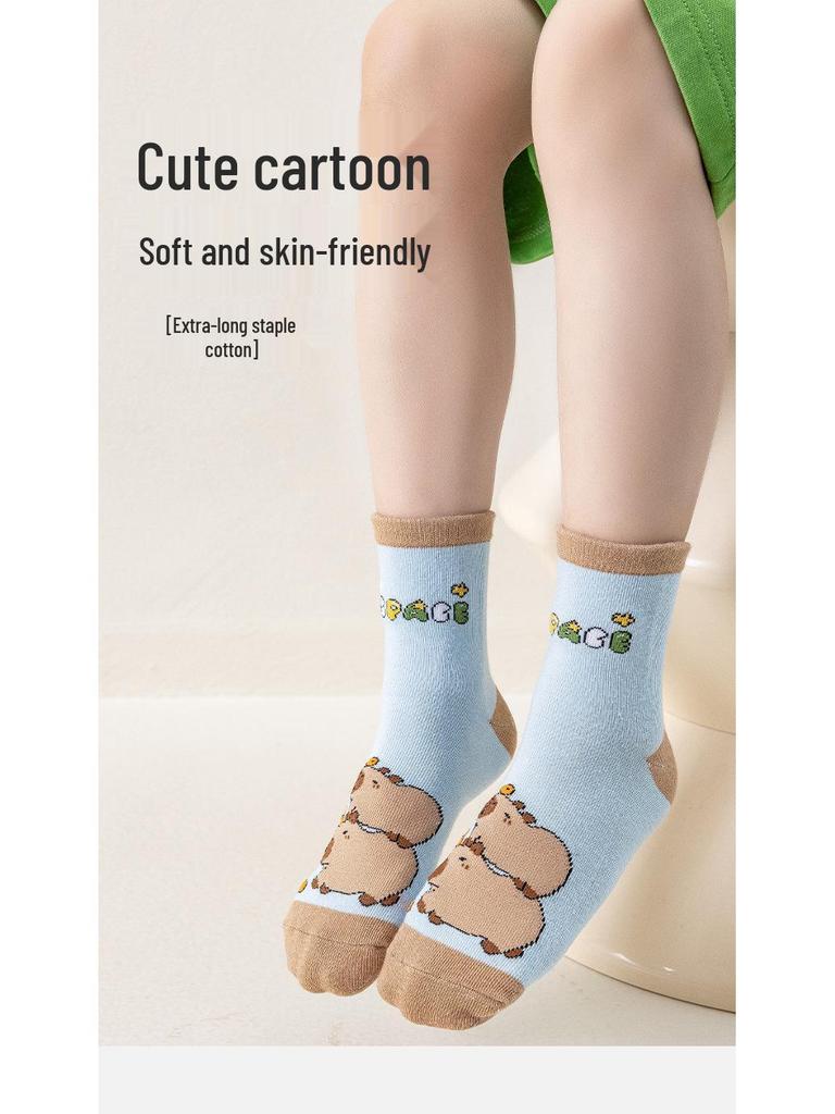 Capybara Boys' Cotton Mid-Calf Socks - Cute Cartoon Design for Spring, Autumn, and Winter