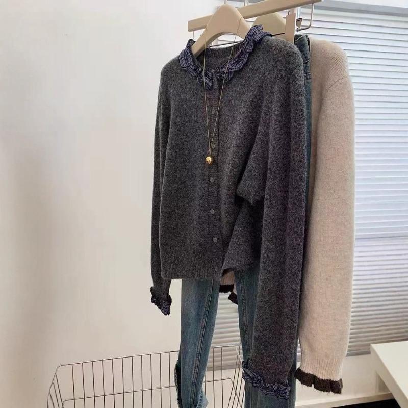 Dark Gray Plaid Fungus Edge Long-sleeved Knitted Cardigan Sweater Jacket with Women's Temperament Top New