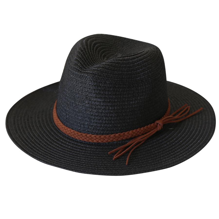 Chapeau Panama Fedora à Large Bord en Paille pour Femmes Hommes Chapeau de Soleil d'Été Protection UV Chapeau de Paille UPF pour Femmes noir