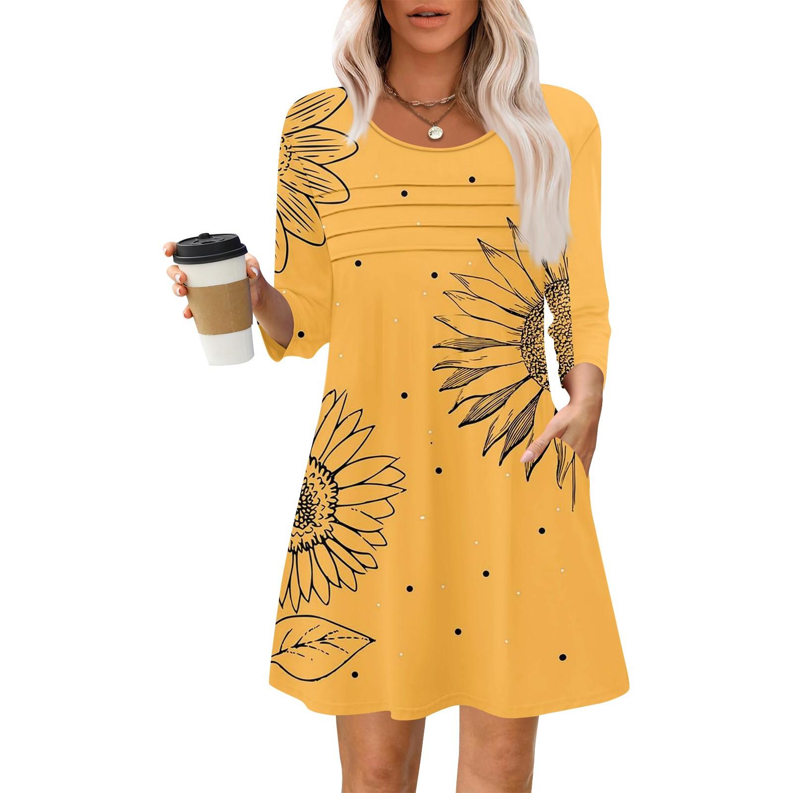 

Жіночі літні повсякденні сукні в тонку смужку з довгим рукавом у складку з квітковим принтом XL жовтий