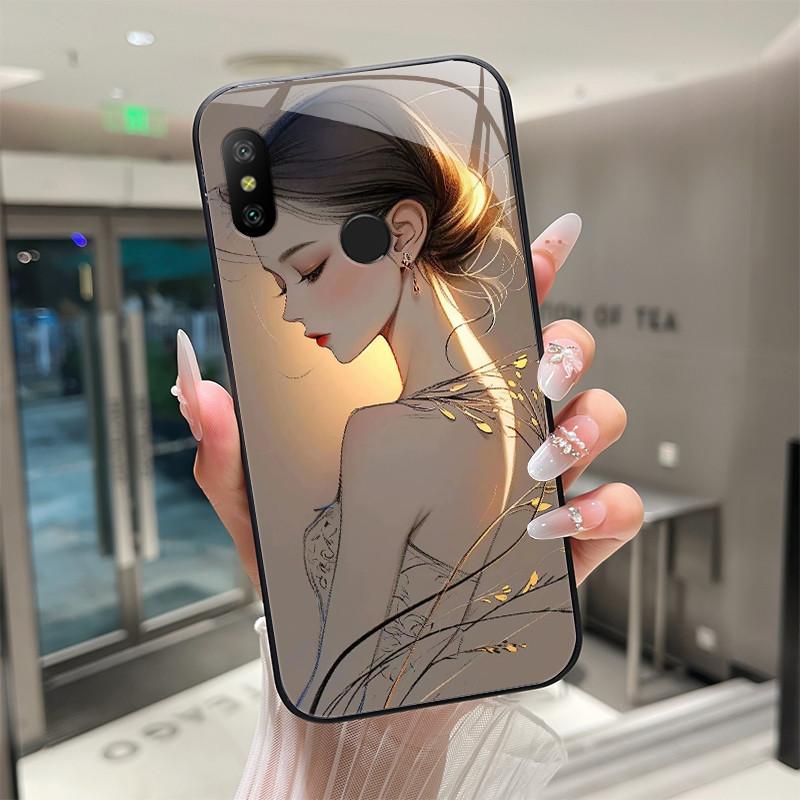 Beautiful Flower Cute Cartoon Cats Case For Xiaomi Mi A2 / Mi A2 Lite Tempered Glass Phone Case Protective Back Cover Hard Shell