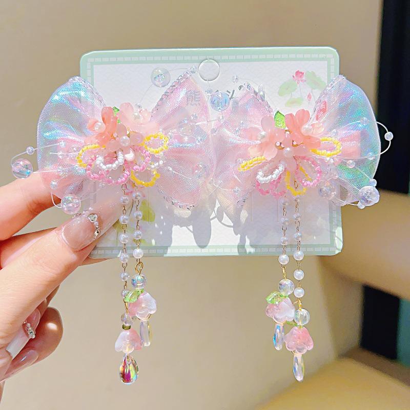 Kinder Nationalfeiertag Hanfu Kopfschmuck: Haarnadel mit Quaste und Schmetterling im antiken Stil mit Farbverlauf für Mädchen